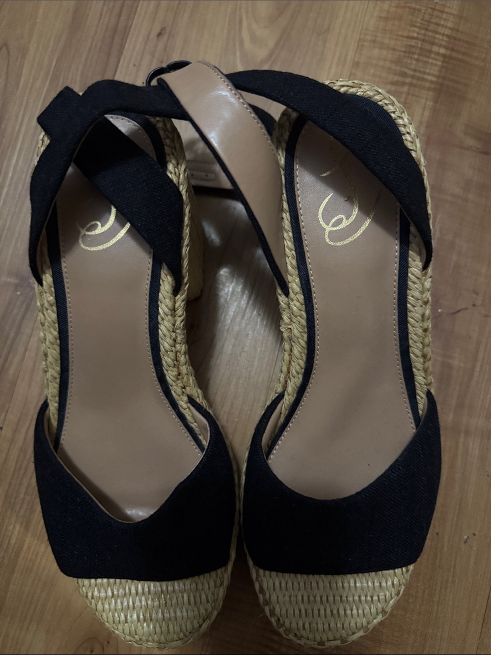Sam Edelman Black and Tan Espadrille Wedge Sandals(11)